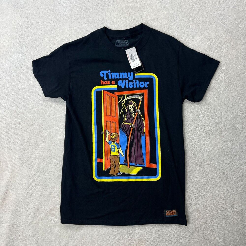 NWT Steven Rhodes Adult Black Timmy Has a Visitor Graphic Tee Mens Sz Small